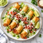 ALT text: Chipotle chicken taquitos on a complete cream-speckled ceramic plate over white marble, topped with shredded lettuce, avocado salsa, crema, pico de gallo, cotija, cilantro, and lime, with crisp golden tortillas and a polished food-blog drissage.