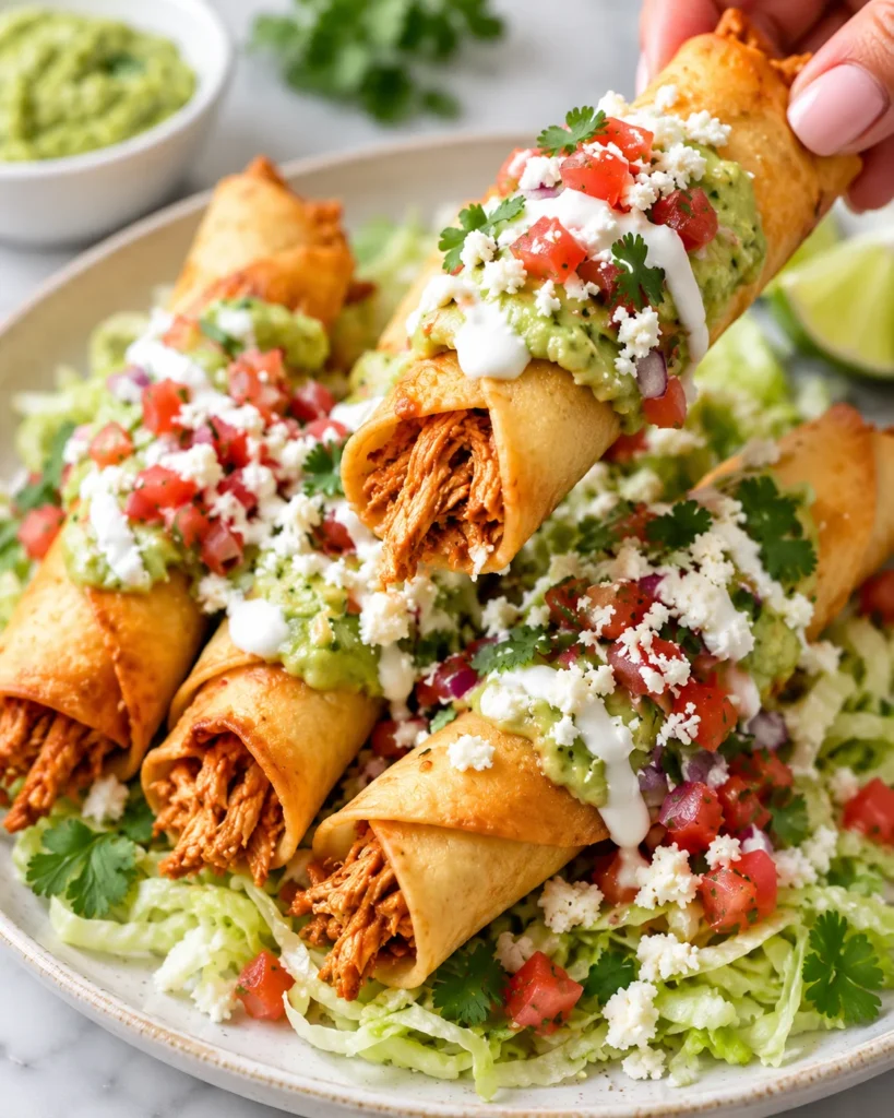 ALT text: Close-up action photograph of a crispy chipotle chicken taquito lifted from a cream-speckled ceramic plate on white marble, revealing shredded chicken filling with guacamole, crema, pico de gallo, cotija, and cilantro.