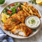 Crispy homemade cod fillets with lemon dill tartar sauce on a complete modern ceramic plate, served with lemon wedges, salad, and fries on a bright white marble surface, showing golden crunchy coating and flaky white fish