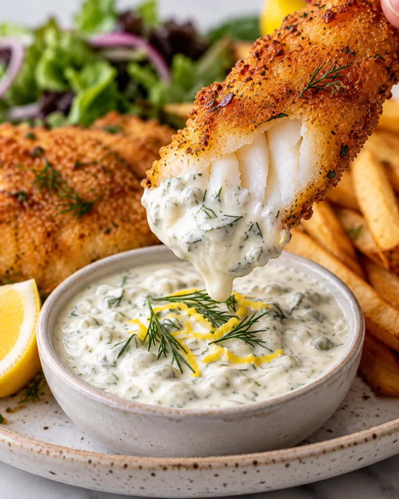 Close-up of crispy cod dipped into creamy lemon dill tartar sauce on a speckled ceramic plate, with flaky white fish texture visible and the remaining dish softly blurred on a bright white marble surface.