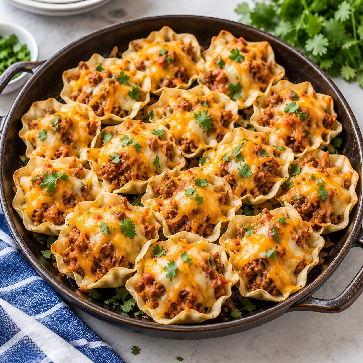 Taco ranch bites in a complete dark round skillet on a bright marble surface, with crisp ruffled shells, seasoned meat filling, melted cheese, and fresh herb garnish visible across the full dish.