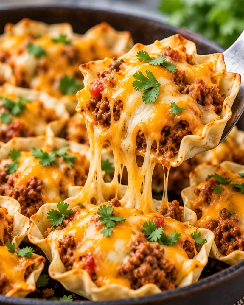 Close-up of one taco ranch bite lifted from a dark skillet on a bright marble surface, showing crisp ruffled edges, seasoned meat, herbs, and melted cheese stretching from the surrounding bites.