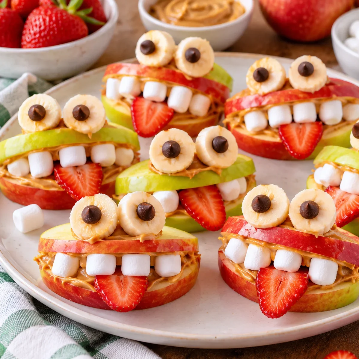 Apple monster bites made with red and green apple slices, peanut butter, mini marshmallow teeth, strawberry tongues, banana eyes, and chocolate chips.
