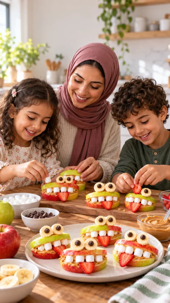A mother and her daughter and son make apple monster bites together at a kitchen table, decorating them with marshmallow teeth, strawberry tongues, and banana eyes.