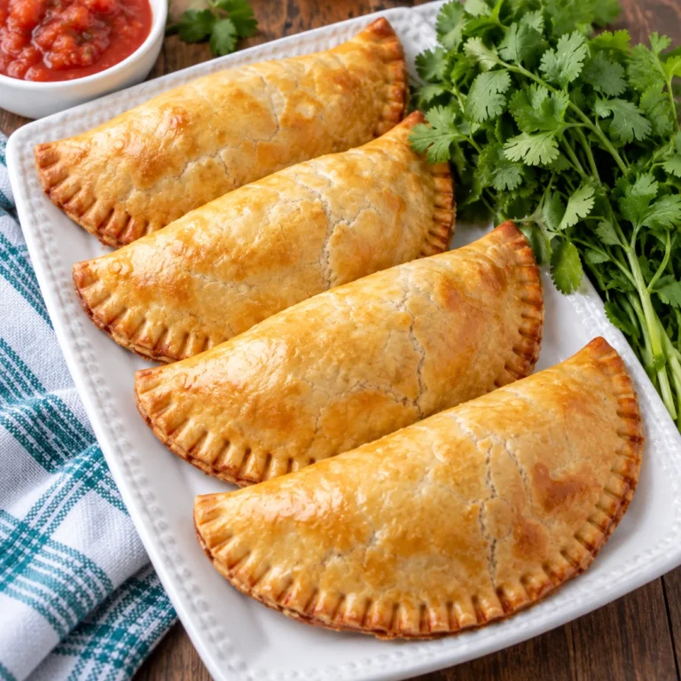 Full plate of golden baked beef empanadas arranged on a white ceramic serving plate, with two cut open to show the savory beef and onion filling, photographed on a bright white marble surface with soft natural light.
