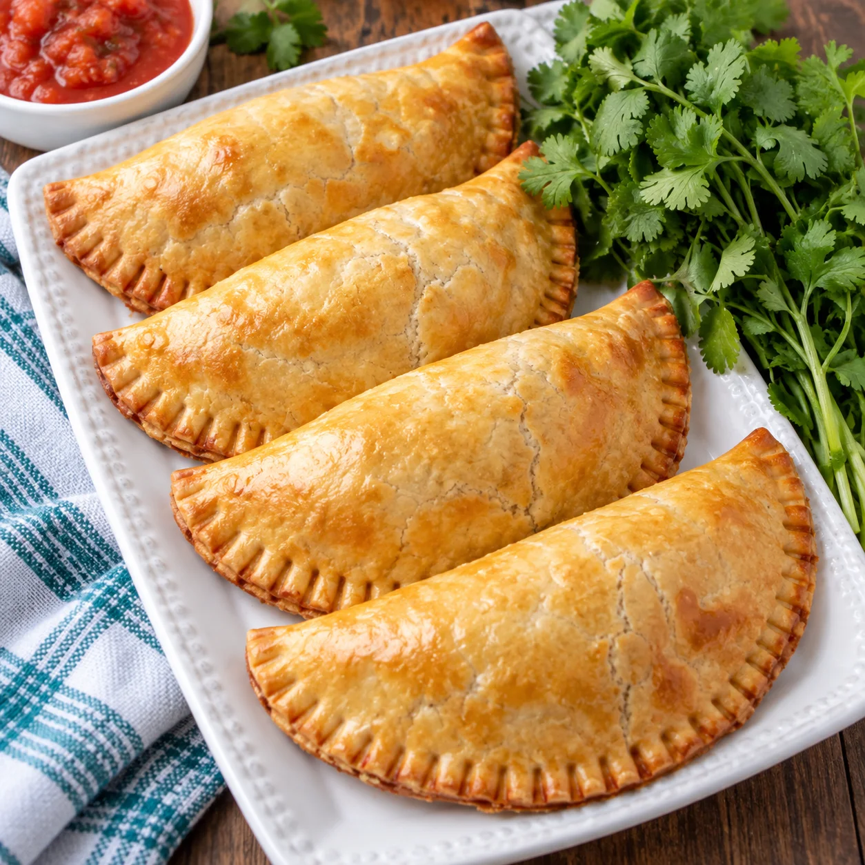 Full plate of golden baked beef empanadas arranged on a white ceramic serving plate, with two cut open to show the savory beef and onion filling, photographed on a bright white marble surface with soft natural light.
