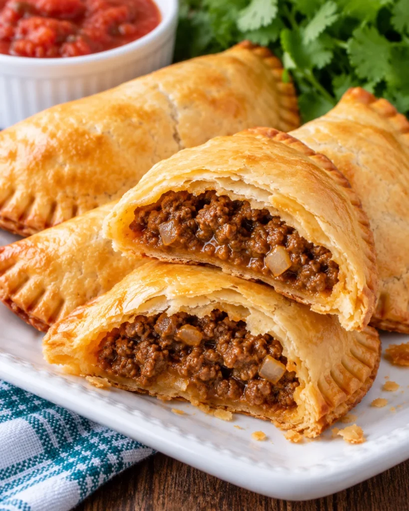 Close-up of golden baked beef empanadas on a white ceramic plate, with two pastries cut open to reveal the juicy seasoned beef and onion filling beneath a flaky crust.