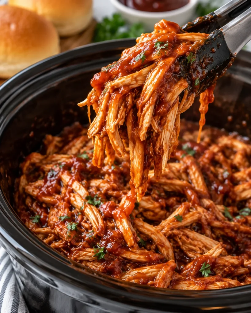 ALT text: Close-up of glossy BBQ pulled chicken lifted with metal tongs from a black crockpot on a white marble surface, showing tender shredded texture and saucy strands.
