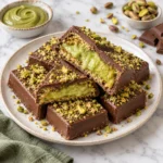 Close-up of Dubai pistachio chocolate bars on bright white marble, with broken chocolate shells revealing a crisp, nutty interior and thick, glossy green pistachio cream flowing from the center.