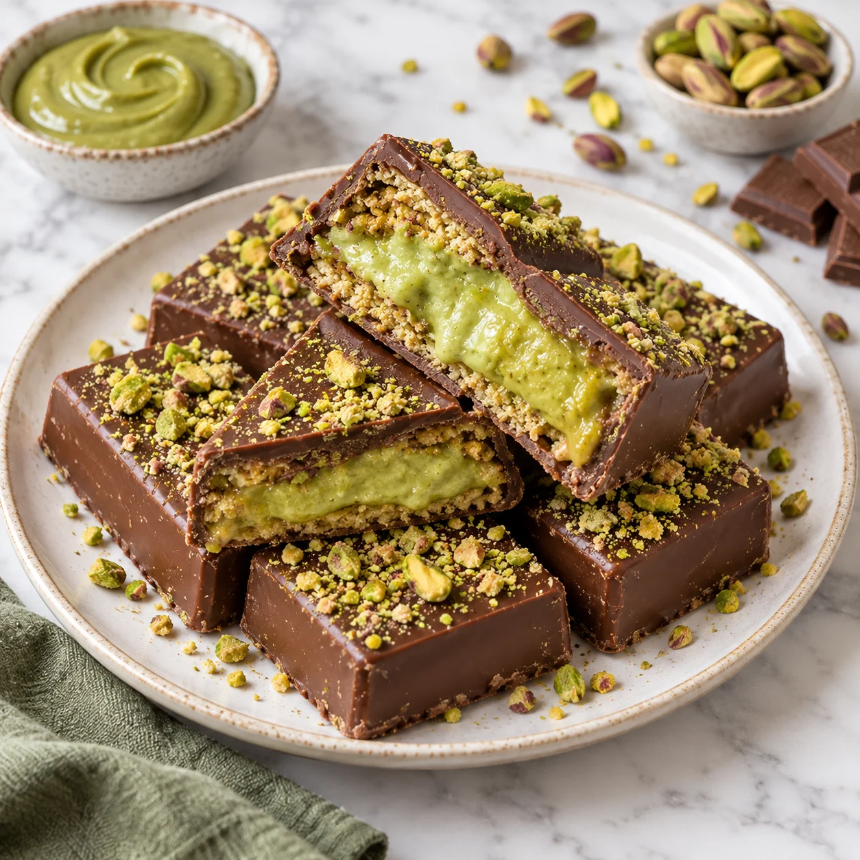 Close-up of Dubai pistachio chocolate bars on bright white marble, with broken chocolate shells revealing a crisp, nutty interior and thick, glossy green pistachio cream flowing from the center.
