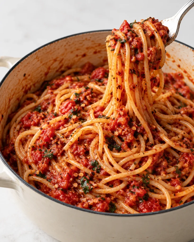 : Close-up of spaghetti Fra Diavolo being lifted with a fork from the same cream-colored pot, showing chunky tomato-chili sauce and herbs on a clean bright white marble surface