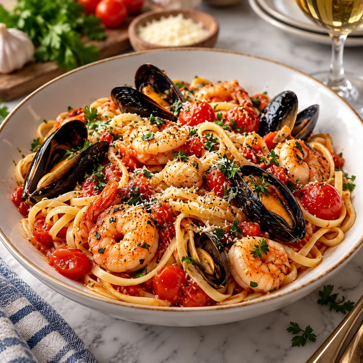 Easy Seafood Linguine Marinara