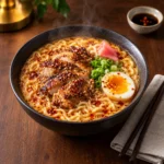 Bol complet de ramen épicé au poulet grillé, nouilles crémeuses, œuf mollet, oignons verts, graines de sésame et gingembre mariné, servi dans un bol noir.
