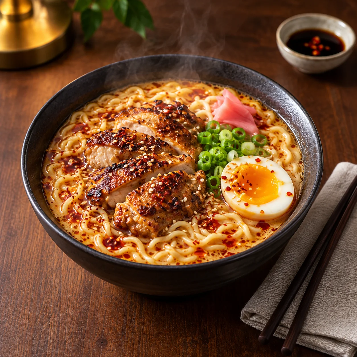 Fiery Chicken Ramen with Creamy Garlic Sauce
