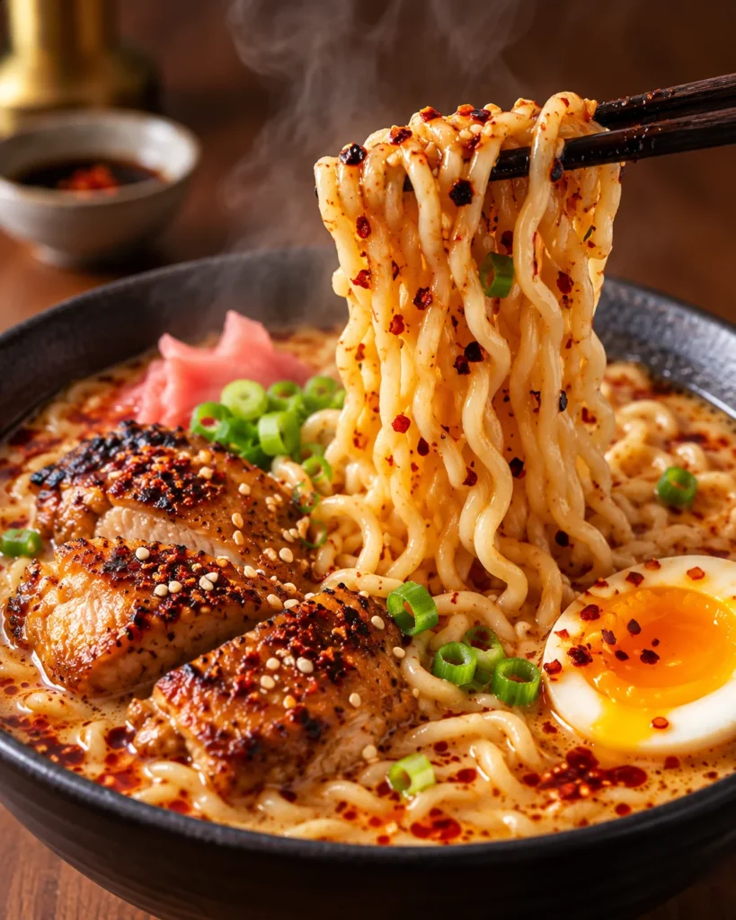 Gros plan de ramen épicé au poulet, avec des nouilles crémeuses et pimentées soulevées par des baguettes au-dessus du bol, accompagnées de poulet grillé, œuf mollet et oignons verts.