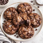 Close-up of a broken fudgy chocolate brookie revealing a moist, gooey chocolate center and crackled top, with matching brookies softly visible on the bright white marble setting.