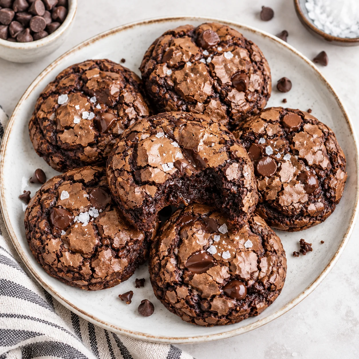 Close-up of a broken fudgy chocolate brookie revealing a moist, gooey chocolate center and crackled top, with matching brookies softly visible on the bright white marble setting.