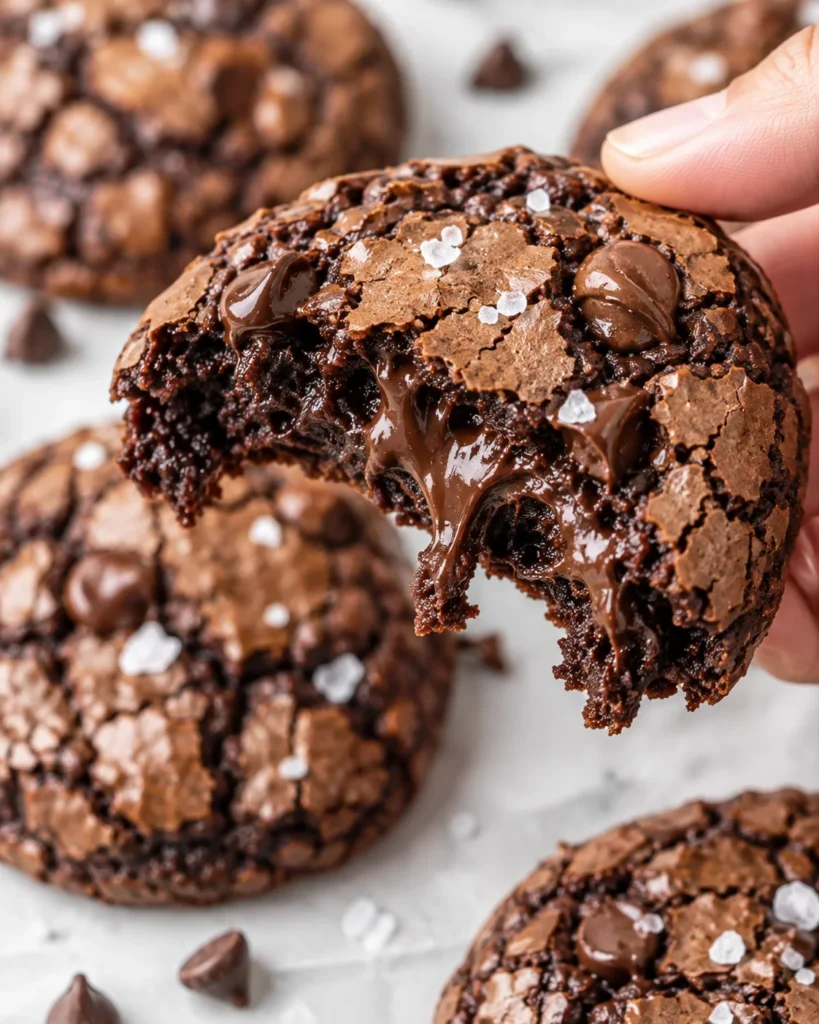 Fudgy chocolate brookies with crackled tops and gooey centers arranged on a complete ceramic plate over bright white marble, finished with chocolate chips and flaky sea salt.