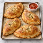 Four golden homemade calzones with crimped edges on a complete parchment-lined metal baking sheet, served with a white ramekin of chunky marinara on a bright white marble surface.