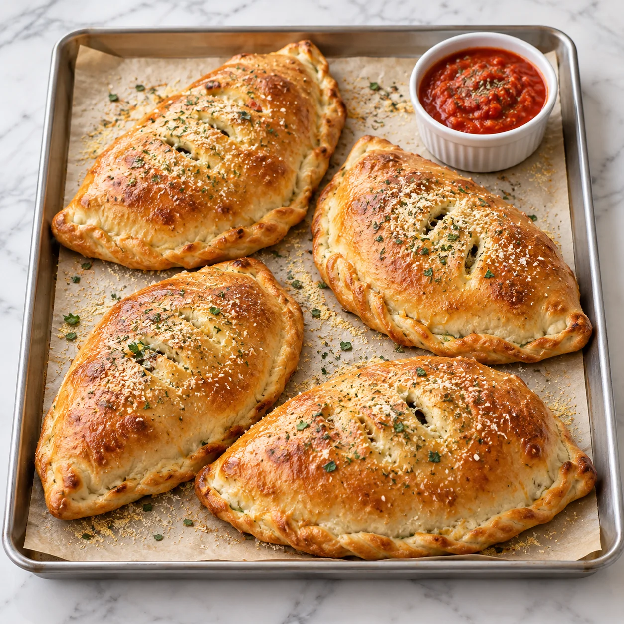 Four golden homemade calzones with crimped edges on a complete parchment-lined metal baking sheet, served with a white ramekin of chunky marinara on a bright white marble surface.