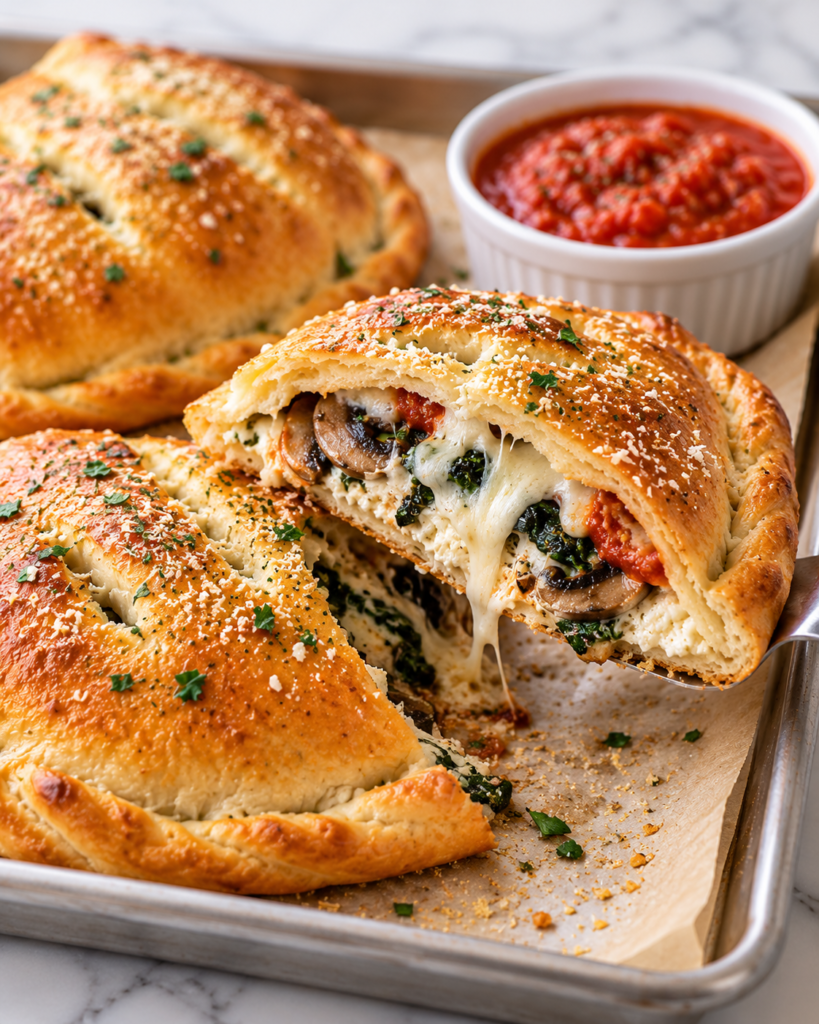 Close-up of a cut calzone lifted from a parchment-lined metal baking sheet, revealing melted mozzarella, ricotta, mushrooms, spinach, and marinara on a bright white marble surface.