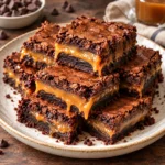 Gooey chocolate caramel brownie bars stacked on a modern plate, with crackly brownie tops, thick caramel layers, and crumbs on a bright white marble surface.