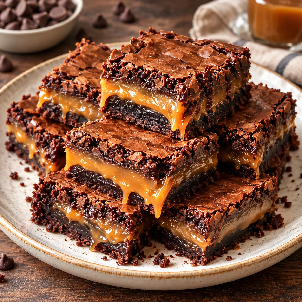Gooey chocolate caramel brownie bars stacked on a modern plate, with crackly brownie tops, thick caramel layers, and crumbs on a bright white marble surface.