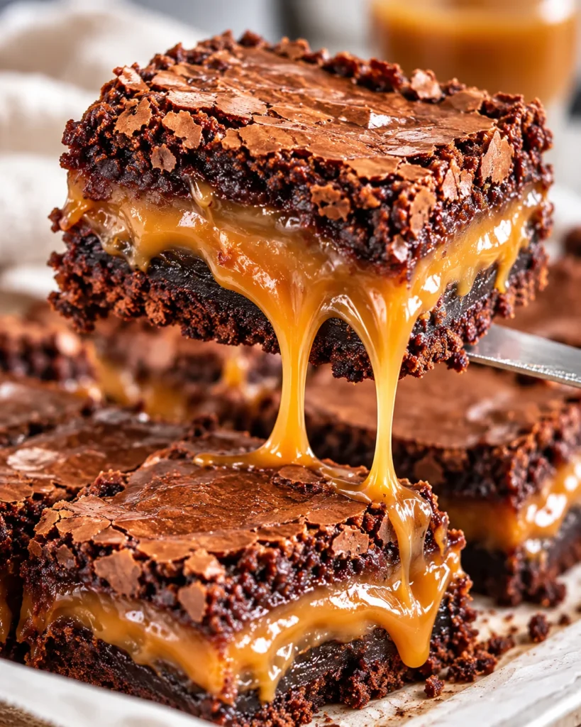 Close-up of a gooey chocolate caramel brownie bar lifted on a spatula, with glossy caramel stretching from the fudgy brownie stack on a modern plate over a bright white marble surface.