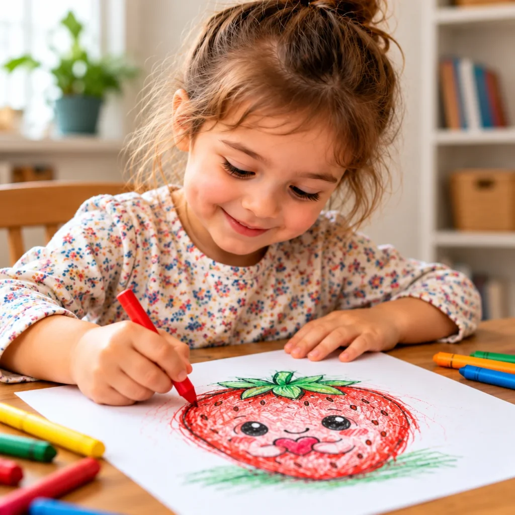 Young girl happily drawing a colorful strawberry character with crayons at a table.