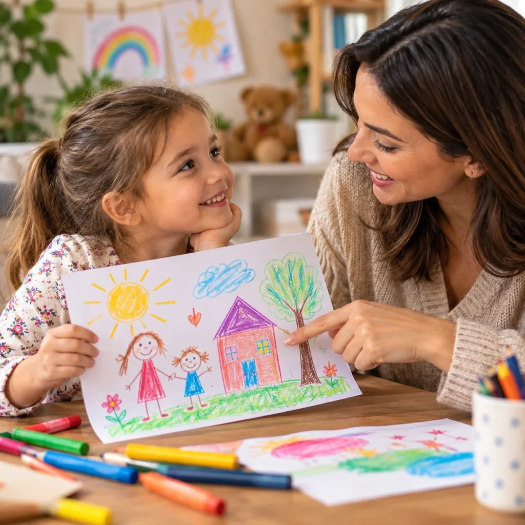 A mother and young daughter smile together while looking at the child’s colorful drawing of a house, family, sun, and tree, with crayons and artwork spread across the table.