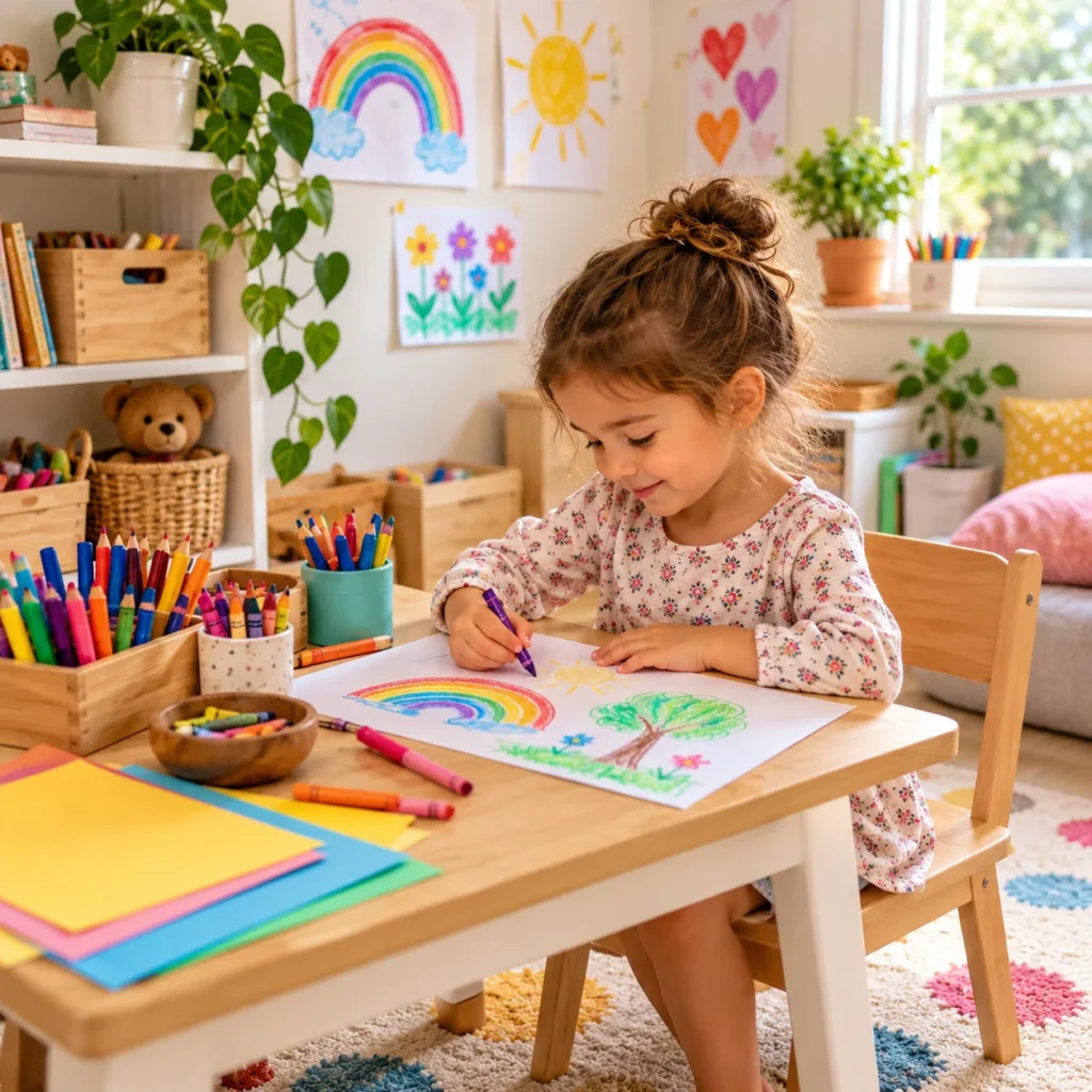 A young child happily drawing at a child-sized table in a bright, organized art space with colorful pencils, crayons, paper, children’s artwork, plants, and natural window light.