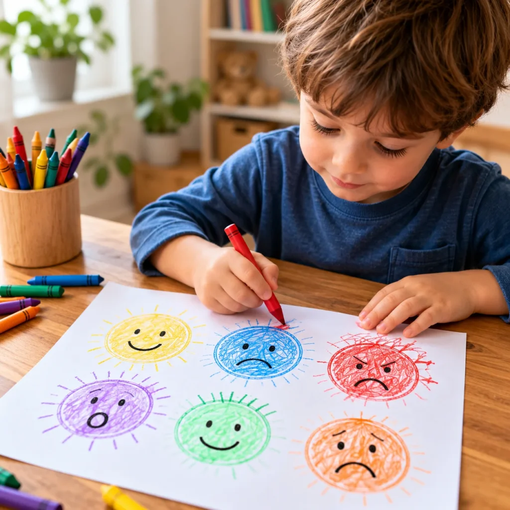 Young child using colorful crayons to draw faces representing different emotions on paper