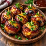 BBQ bacon bombs arranged on a round wooden serving board, each wrapped in crisp caramelized bacon and topped with melted cheddar and parsley, photographed on a bright white marble surface with the complete serving board visible