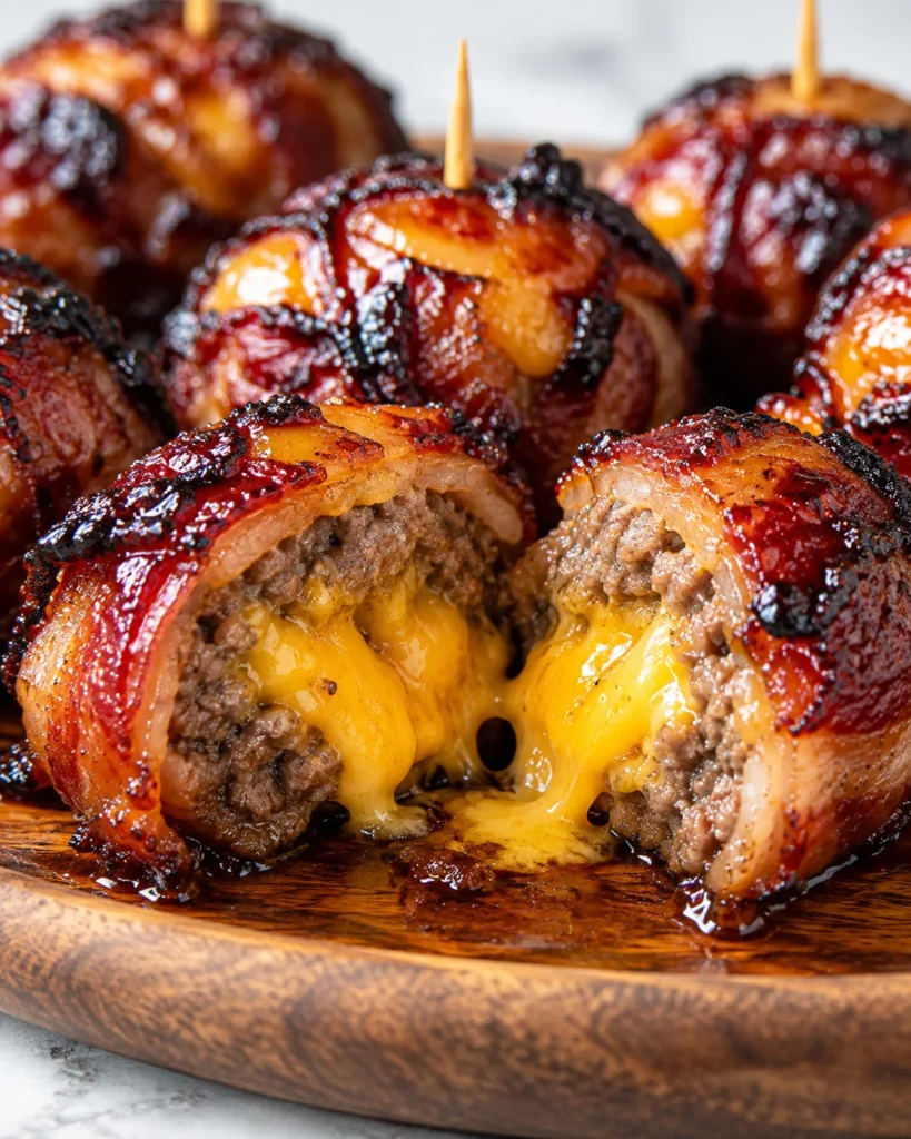 Close-up of a BBQ bacon bomb cut open on the same round wooden serving board over bright white marble, revealing juicy seasoned beef and molten cheddar beneath crisp, glossy bacon.