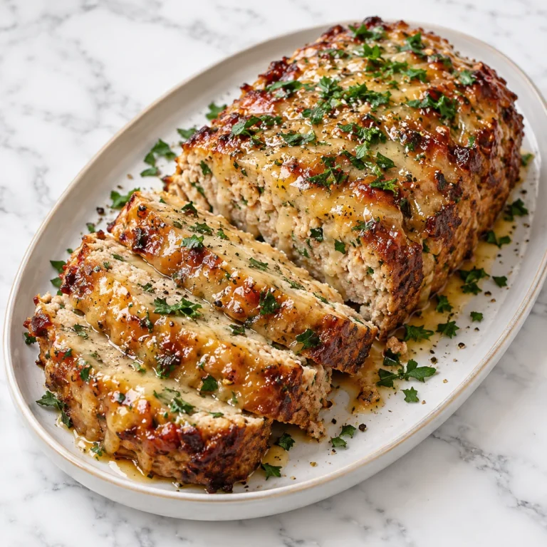 Juicy garlic Parmesan chicken meatloaf sliced on a complete oval ceramic platter, topped with glossy garlic-Parmesan sauce and fresh herbs on a bright white marble surface.