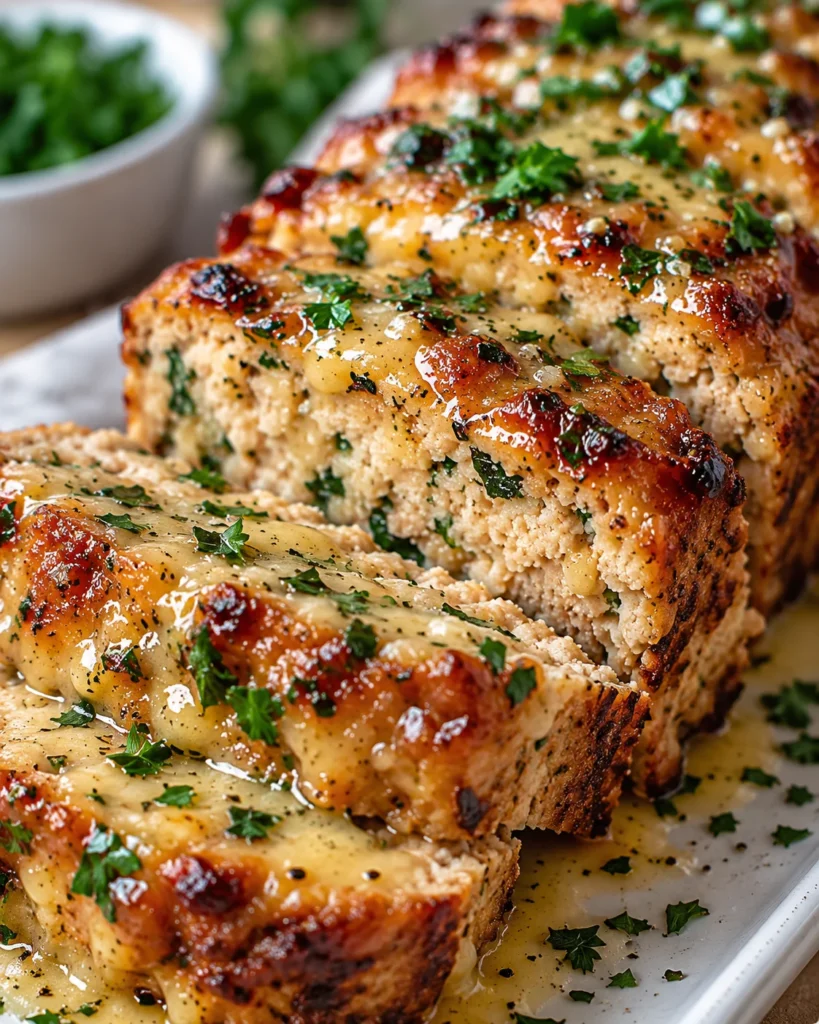 Close-up of sliced garlic Parmesan chicken meatloaf revealing a moist, tender herb-flecked interior, browned edges, and glossy garlic-Parmesan topping on a white marble setting.
