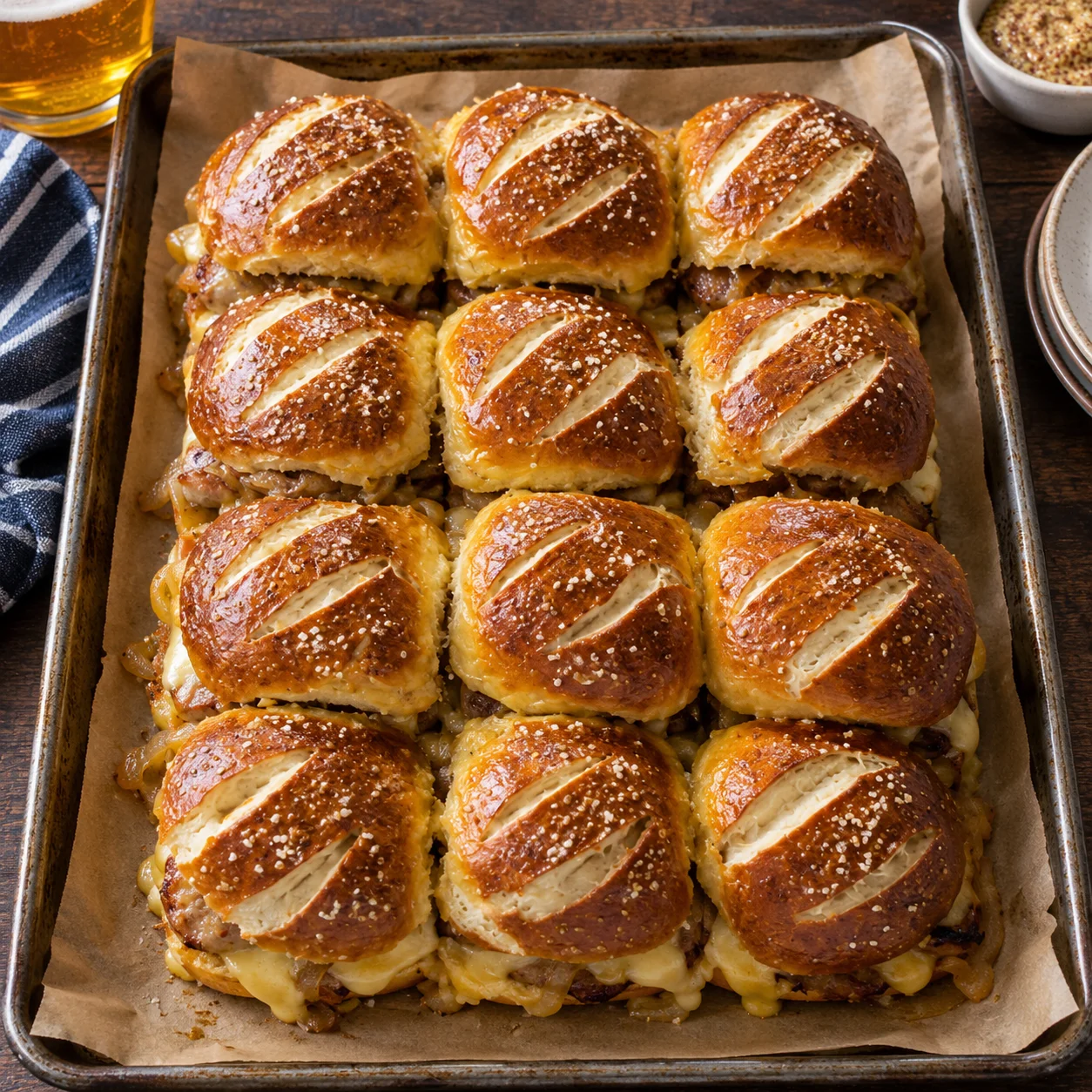 olden-brown pretzel bratwurst sliders with melted cheese and caramelized onions arranged on a parchment-lined baking tray.