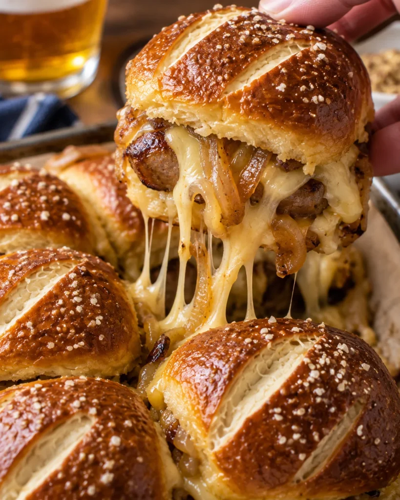 : Close-up of a pretzel bratwurst slider being lifted from the tray, revealing browned sausage, caramelized onions, and gooey melted cheese.