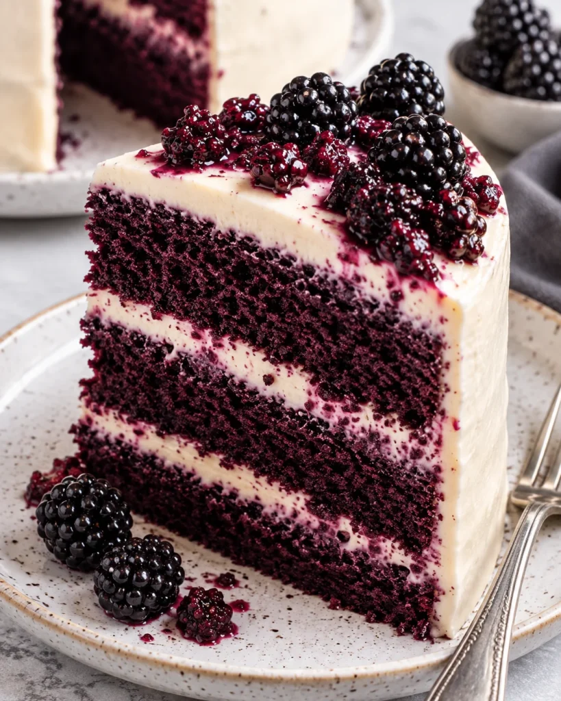 ALT text: Blackberry velvet layer cake with cream frosting and blackberry topping on a speckled ceramic plate, set on white marble, showing the full cake with a cut wedge and moist purple layers.