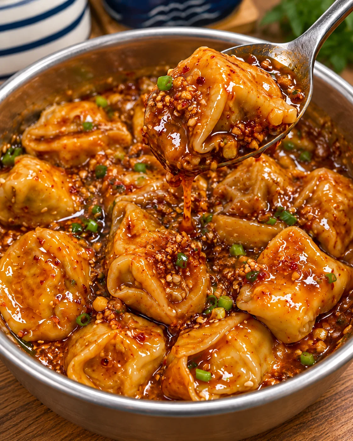 Chili-garlic dumplings in a modern stainless-steel bowl on a bright white marble surface, shown as a complete serving vessel with glossy sauce, chili flakes, sesame-like bits, and scallion garnish.