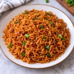 Indomie noodles plated generously on a complete modern ceramic plate, fully visible on bright white marble, with glossy sauce-coated noodles and green onion pieces.