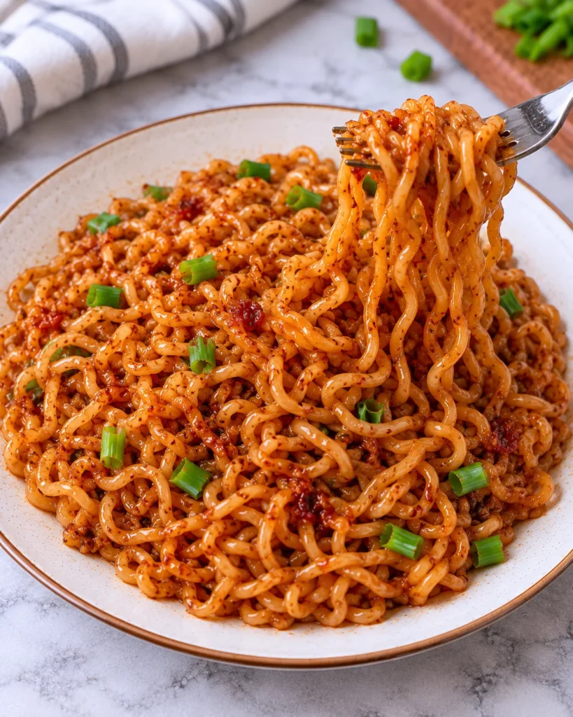 Indomie noodles on the same cream ceramic plate over white marble, with a fork lifting a small glossy portion to highlight the saucy noodle texture and green onions.