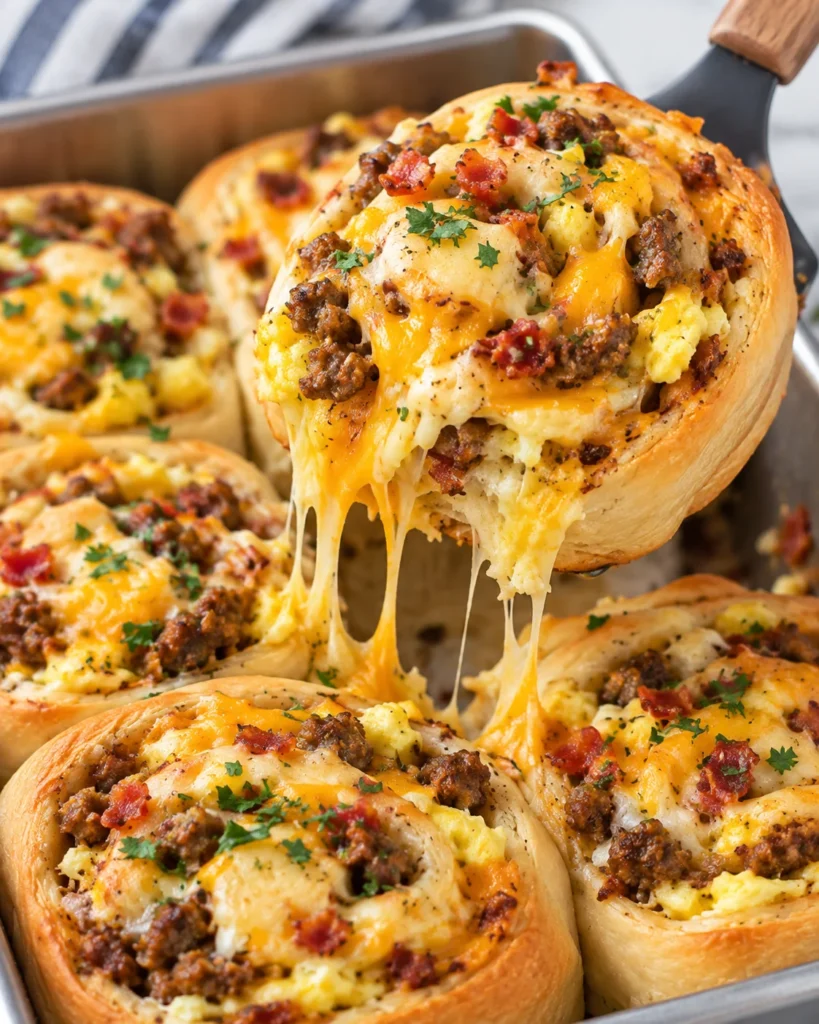 Close-up of a golden breakfast roll being lifted from a metal baking pan, revealing fluffy scrambled eggs, savory sausage, bacon, and melted cheese, with the remaining rolls softly blurred on a bright white marble surface.
