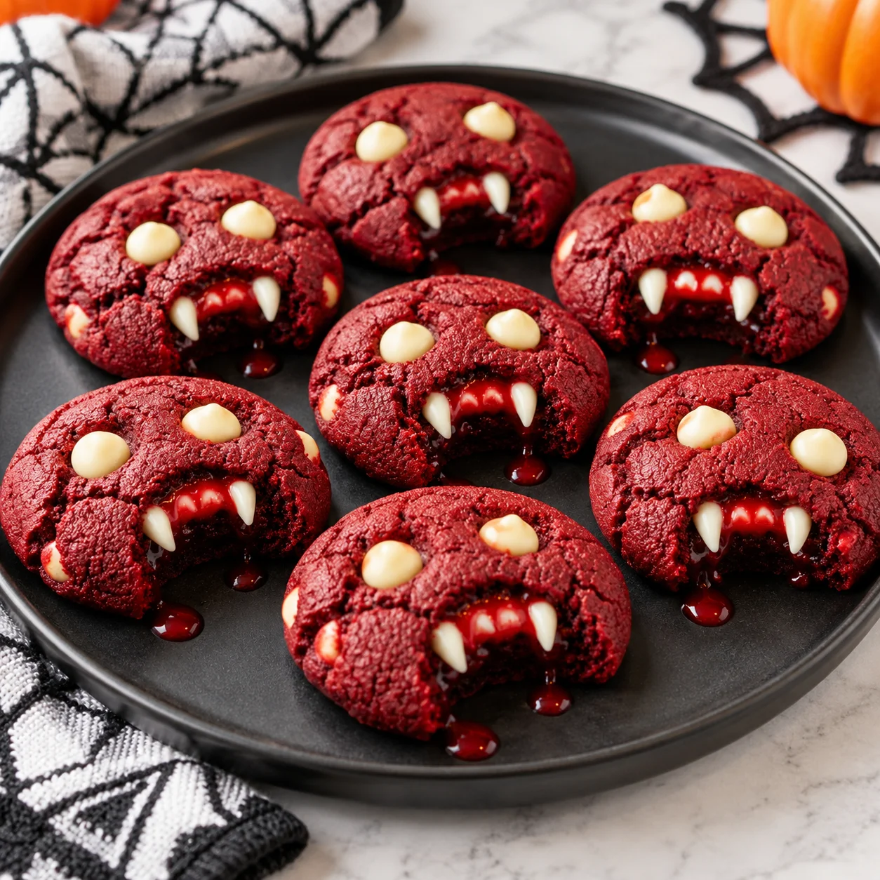 : Red velvet vampire cookies arranged on a complete round black serving platter, with cracked red cookie surfaces, white chocolate accents, fang-like teeth, and glossy red filling, photographed on a bright white marble surface with soft natural light.