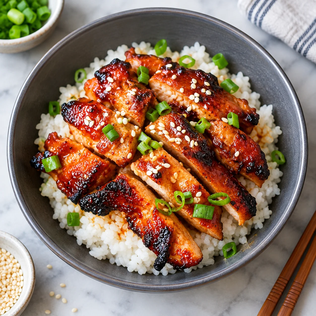 Spicy Korean chicken with glossy caramelized, lightly charred edges served over white rice in a complete dark ceramic bowl, garnished with sesame seeds and green onions on a bright white marble surface.