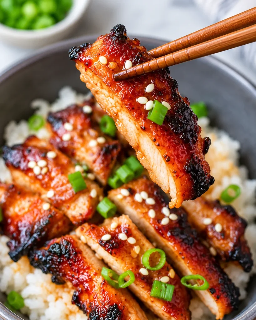 Close-up of a glossy, caramelized piece of spicy Korean chicken lifted with chopsticks above the same dark ceramic rice bowl, revealing its juicy interior and charred edges on a bright white marble setting.