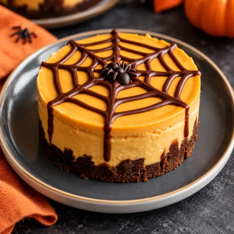 Halloween pumpkin cheesecake with a chocolate cookie crust and spiderweb chocolate topping, centered on a complete modern ceramic plate on bright white marble.