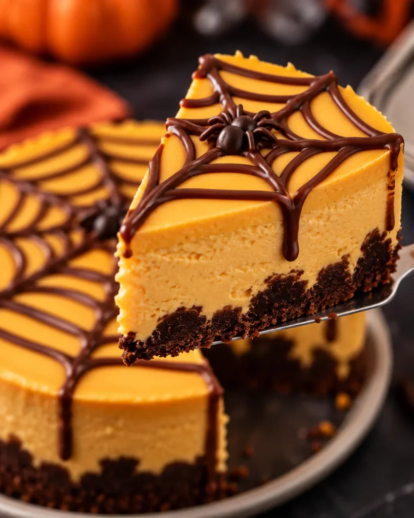 Close-up of a lifted slice of Halloween pumpkin cheesecake revealing creamy orange filling and a crumbly chocolate crust, with chocolate spiderweb decoration and the remaining cheesecake softly visible behind.