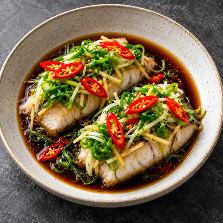 Steamed soy and ginger fish fillets topped with fresh spring onion, julienned ginger, and sliced red chilli in a ceramic bowl, with the complete serving bowl visible.