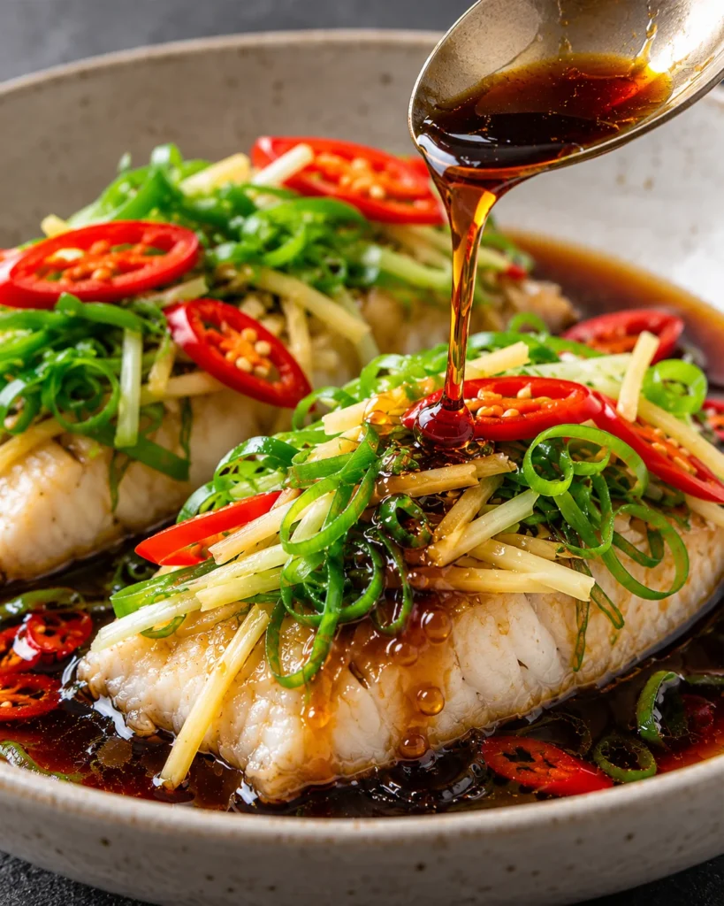 Close-up of tender steamed soy and ginger fish topped with spring onion, ginger, and red chilli as glossy soy dressing is poured over the fish.